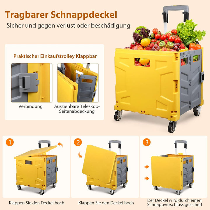 Einkaufstrolley Klappbar, Transport Trolley, bis 50 kg, 50 l Kiste, Einkaufskorb mit Deckel, Auszieh