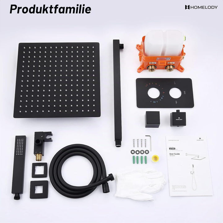HOMELODY Schwarz Duschsystem mit Thermostat Unterputz Regendusche Duschsystem Eckig,Duscharmatur Dus