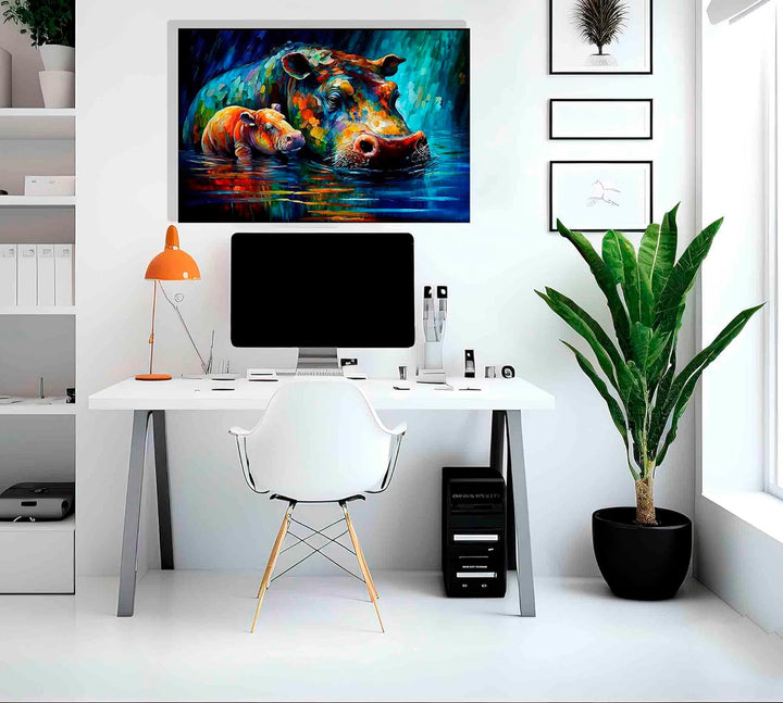 Artley Prints - Nilpferd im Teich mit Kleinkind Abstrakt Leinwandbilder für Wohnzimmer, Schlafzimmer