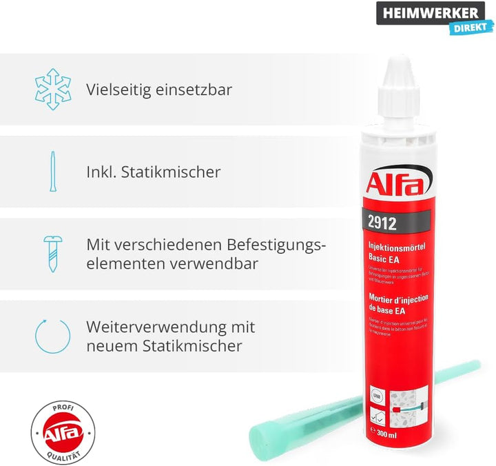 12x Alfa Injektionsmörtel Basic EA 300 ml – Inkl. Statikmischer (3,6 l), 12