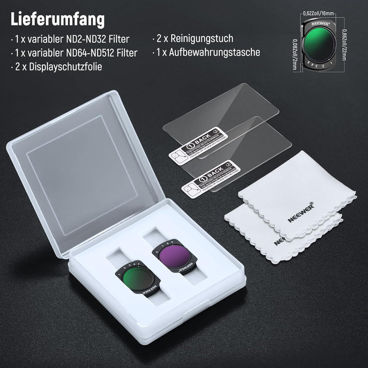 NEEWER Variables ND Filter Set, kompatibel mit DJI Osmo Pocket 3 Creator Combo Zubehör, ND2-32, ND64