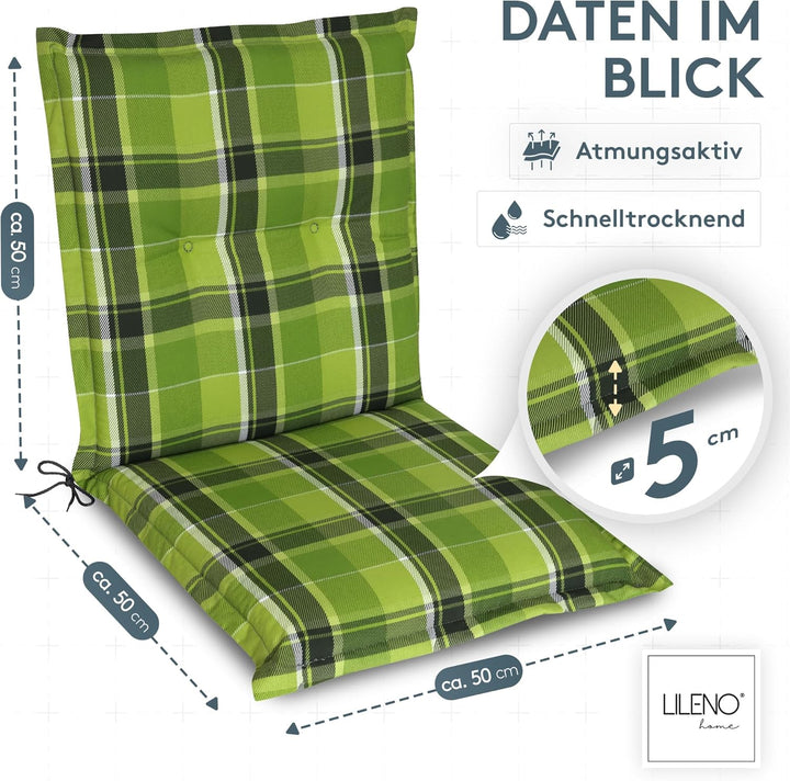 LILENO HOME Gartenstuhl Auflagen als [1er Set - Niedriglehner] in Karo Grün - Bequeme Liegen als Sit