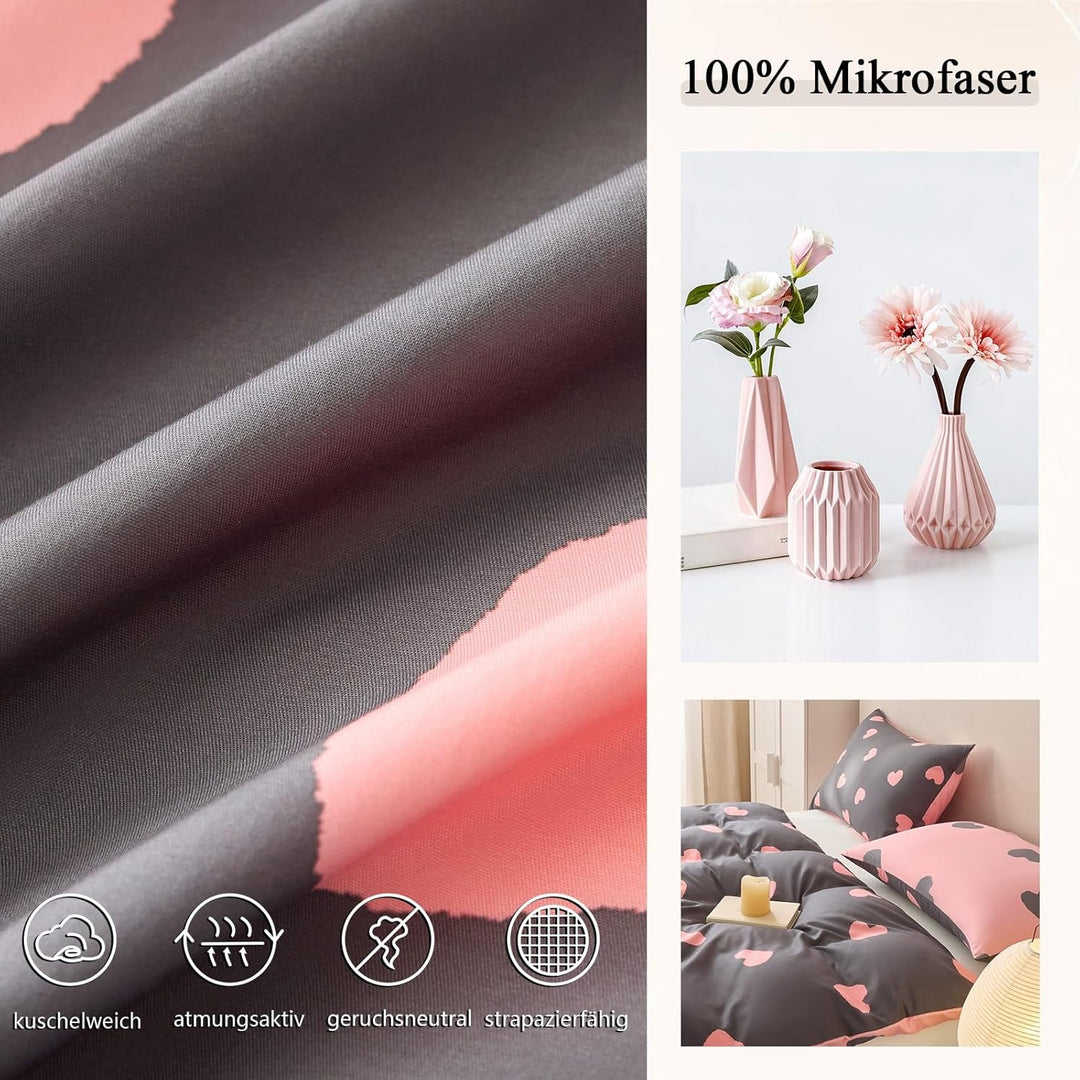 Tospass Liebe Bettwäsche 135x200cm Grau Rosa Herz Mädchen Wende Bettwäsche Set Liebesmotiv Romantisc