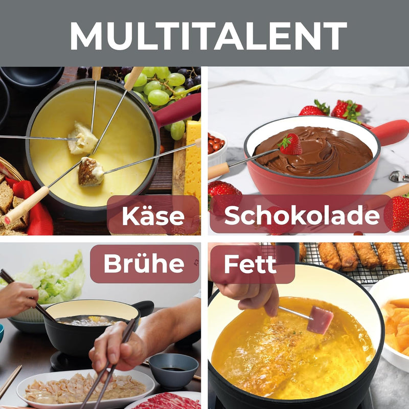 osoltus Fondue-Set für Schokoladen-, Fleisch- oder Käsefondue - Fondue-Topf für 6 Personen - emailli