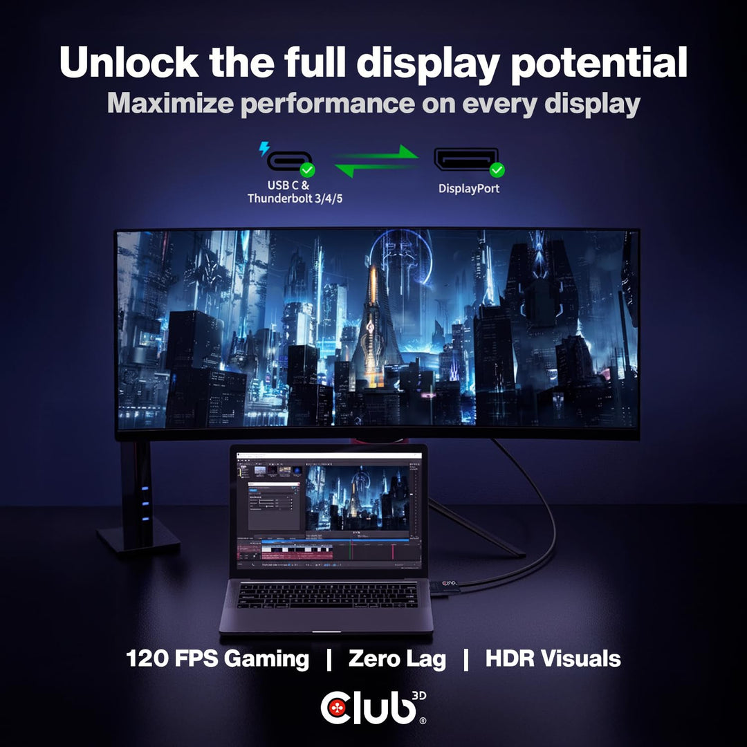 Club3D USB C auf DisplayPort Kabel 1.4 8K 60Hz, 4K 120Hz und Displayport auf USB C bidirektional, 1,