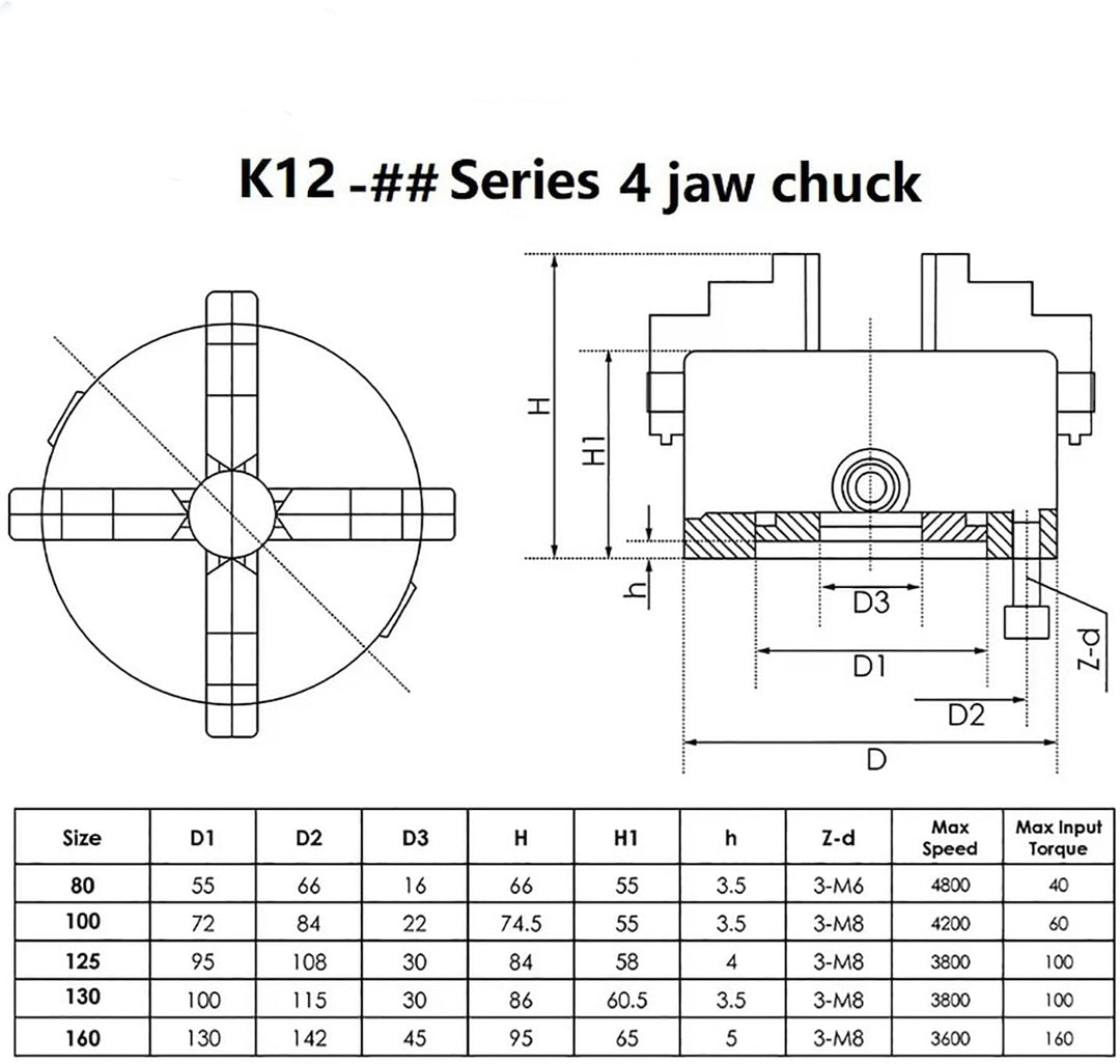 RATTMMOTOR Manuelles Spannfutter Selbstzentrierendes 4-Backen-Spannfutter K12-100mm 4-Backen-Spannfu