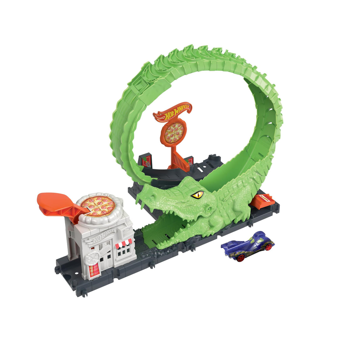 Hot Wheels Spielset Krokodilangriff - Rennbahn, Looping, Spirale, Verstellbarer Schwanz, Pizzeria-De