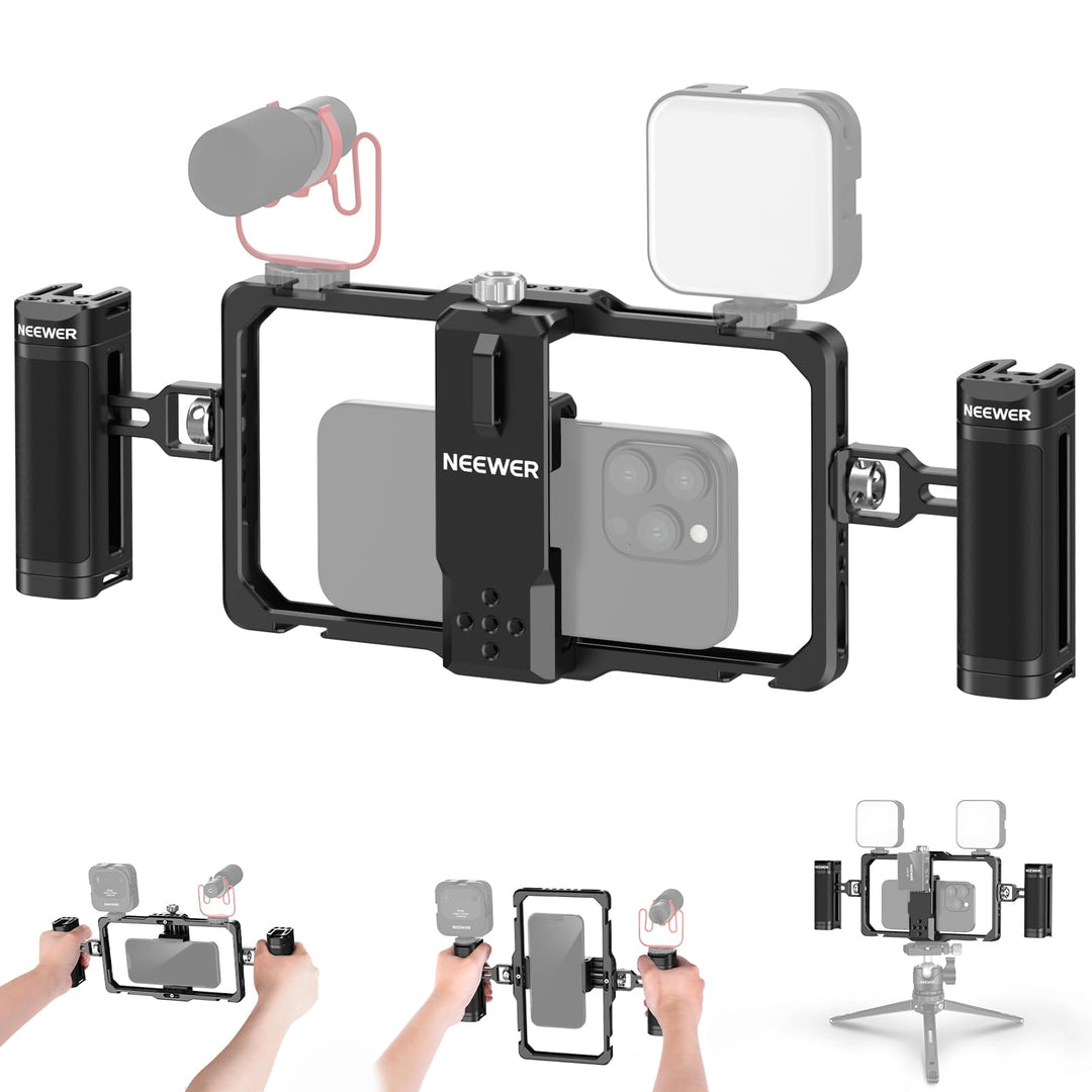 NEEWER Verbesserte Phone Käfig Cage Rig Vlogging Set, Videostabilisator mit doppeltem Griff drahtlos