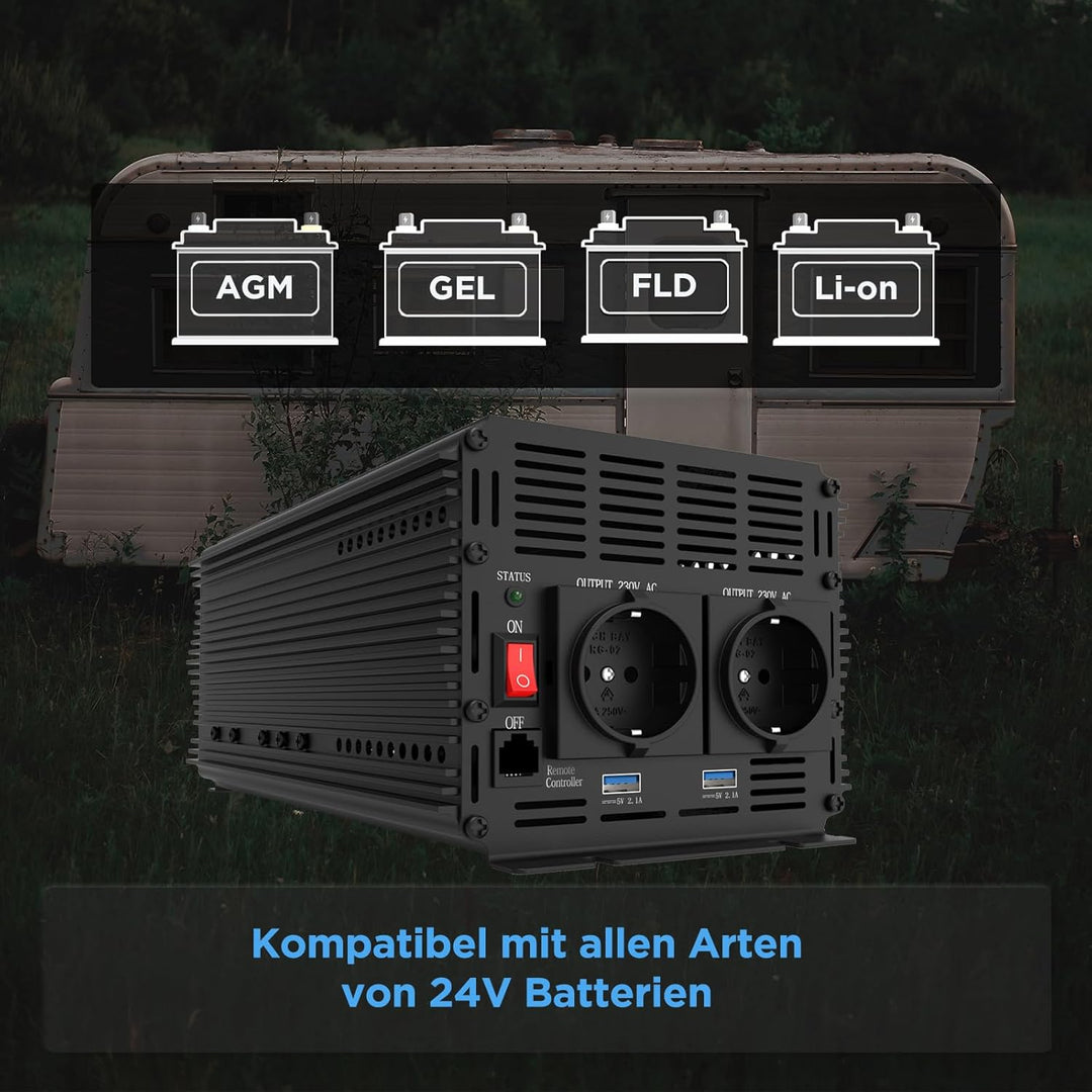 EDECOA Wechselrichter 2000w 24v 230v Spannungswandler mit Neuer Fernbedienung 2X USB und Bildschirm