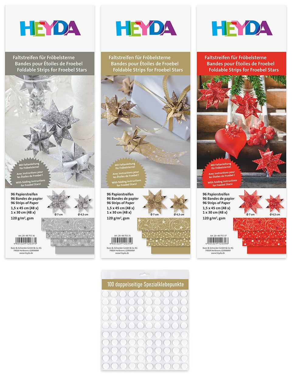Heyda Faltstreifen für Fröbelsterne – 3er Set - rot, silber und gold mit je 96 Streifen in 1x30cm un