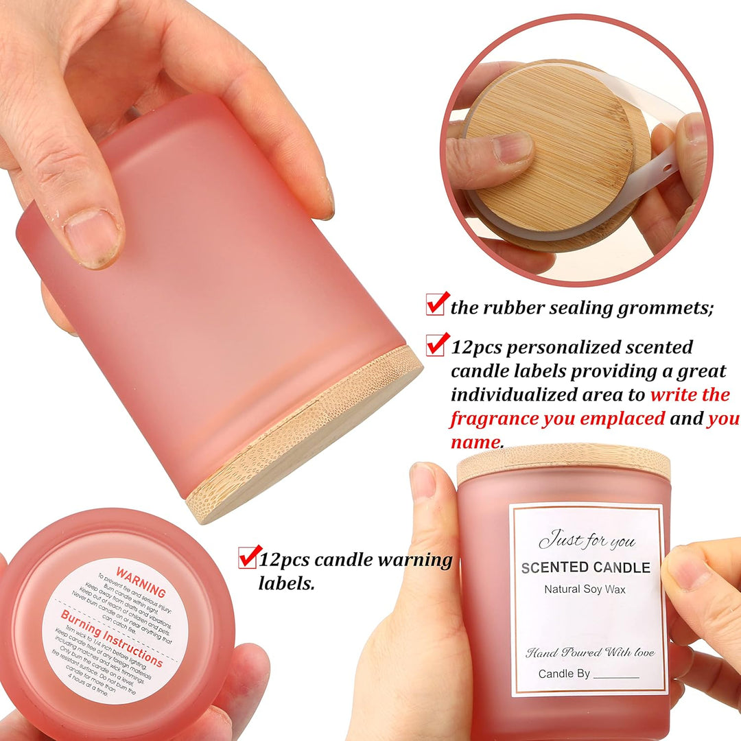MILIVIXAY 12 Stück 340 ml mattrosa Glaskerzengläser mit Deckel und Kerzenherstellungs-Kits – leere K