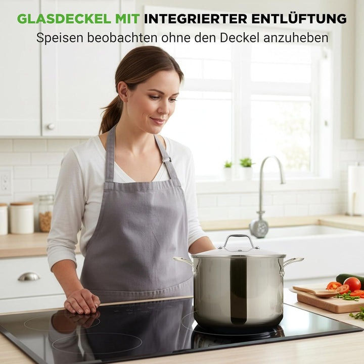 NutriChef Kochtopf gross, 8L Suppentopf Induktion aus Edelstahl mit Glasdeckel, 18/8 Grossraumtopf H