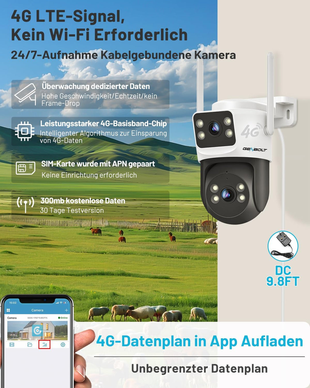 GENBOLT 4G LTE Überwachungskamera Aussen mit SIM Karte, Doppel Linse PoE Kamera Kabelgebunden Aussen