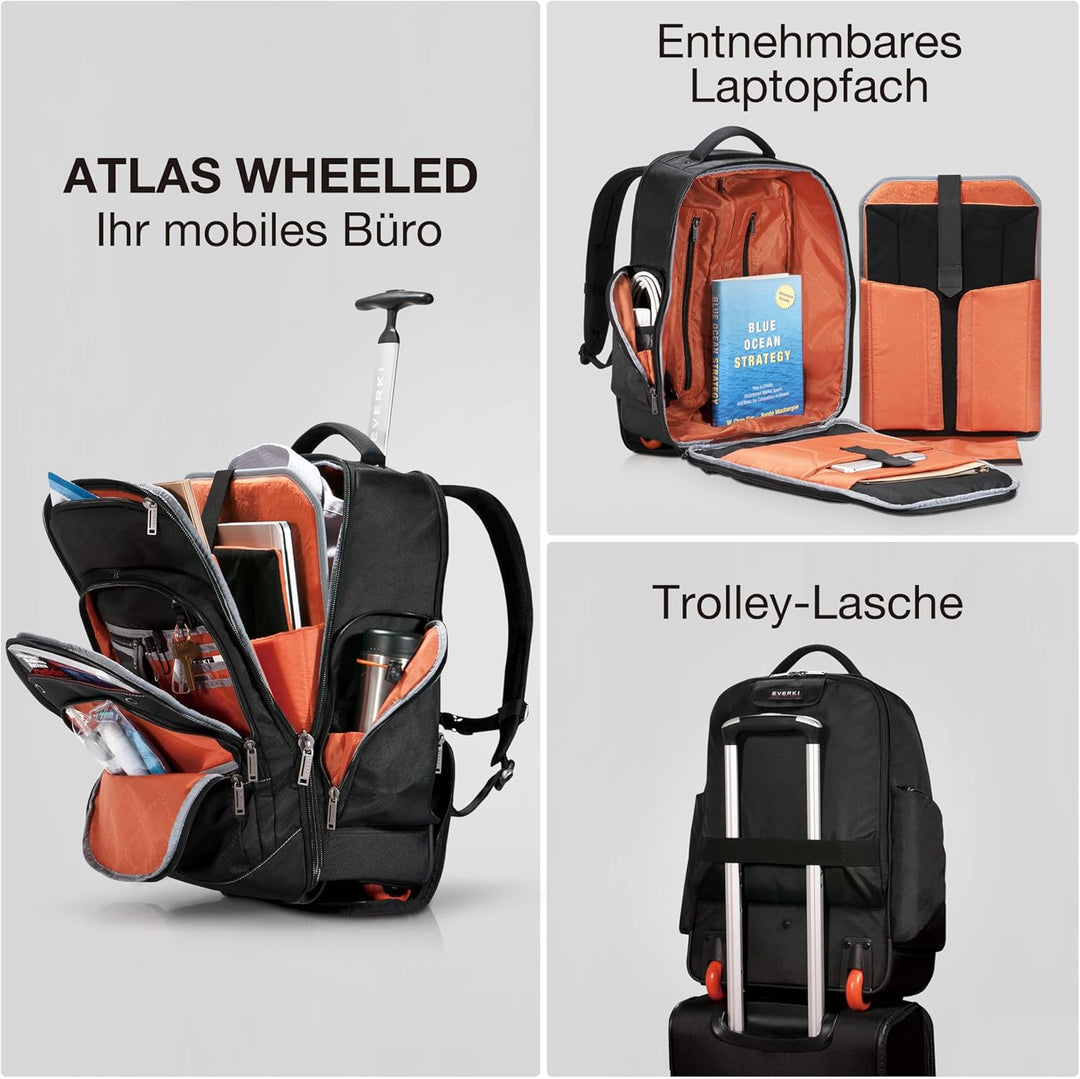 Everki 122 Atlas Wheeled Laptop Rucksack mit Rollen für 13 bis 17,3 Zoll Laptops - Plus Kit mit Kabe