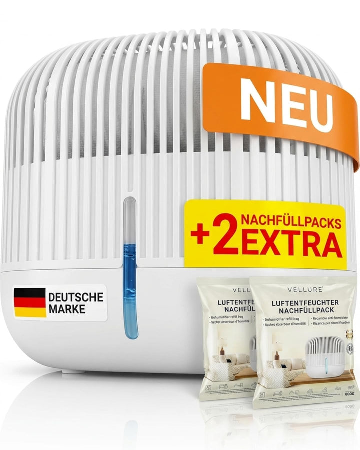 Vellure® Design Luftentfeuchter ohne Strom + 2x 600g Nachfüllpacks - Raumentfeuchter für Bad, Keller