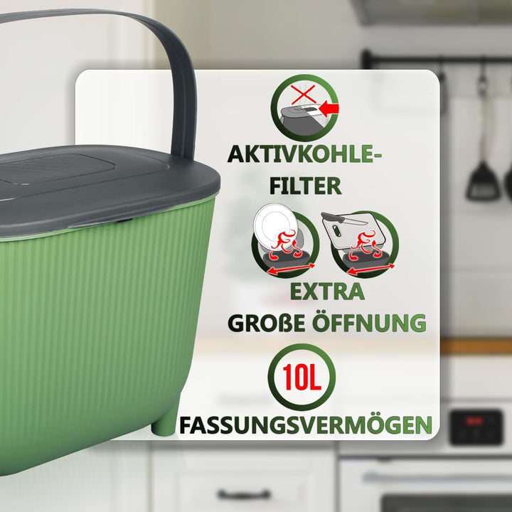 Premium Komposteimer 10L Küche Biomüll Behälter Bio Mülleimer mit Deckel und Aktivkohlefilter (Grün/