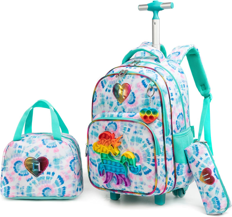 HTgroce Rollrucksack Schulranzen mit Rollen für Mädchen Rucksack mit Lunch Bag und Mäppchen Kinder S