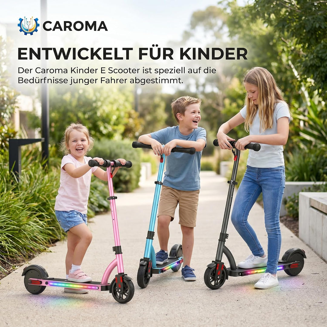 Caroma Kinder E Scooter für 6-12 Jahre, Doppeltes Bremssystem, 150W Motor bis 16 km/h, 12 km Reichwe