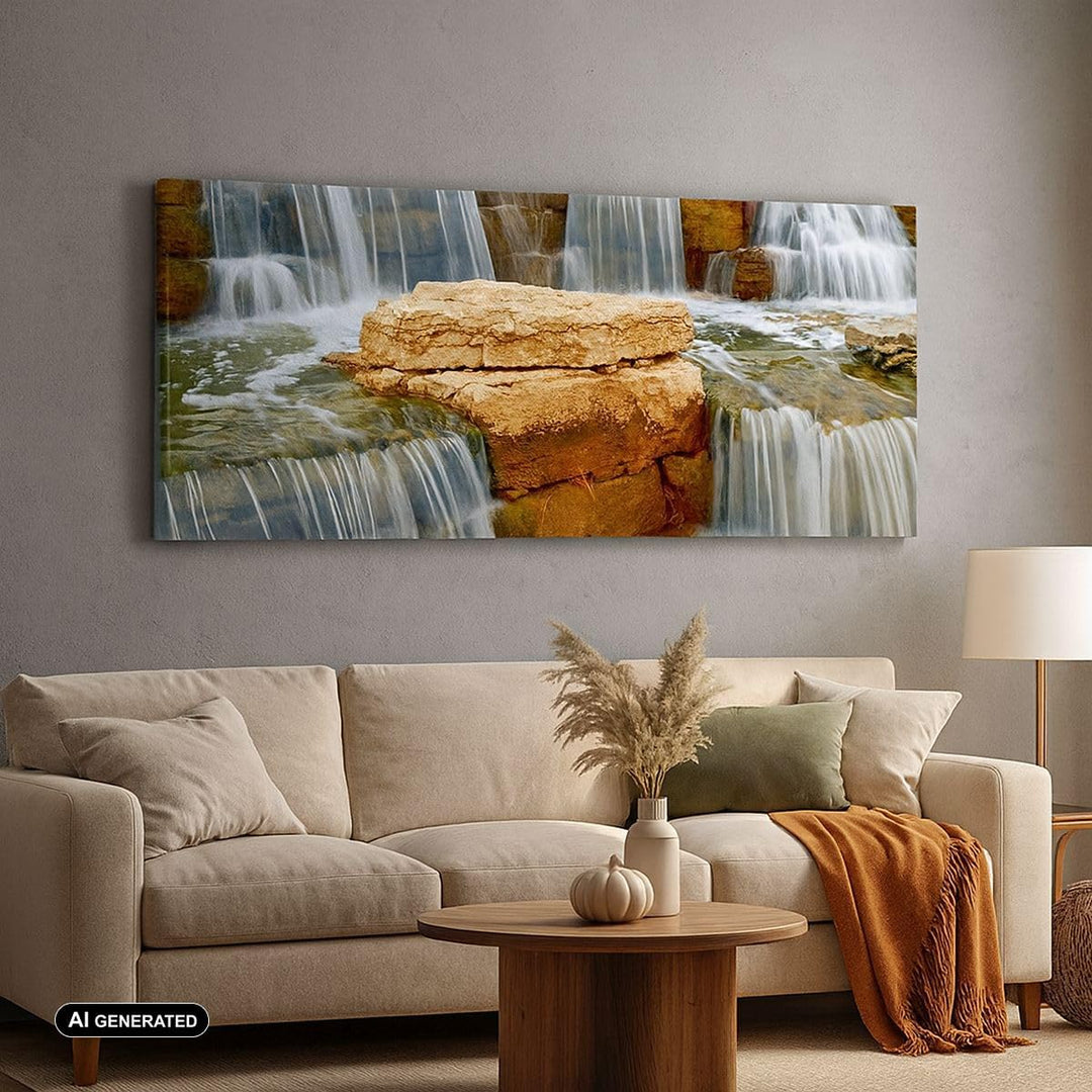 Wandbilder Dekoration Wohnzimmer Wasserfall Steine Wasser Panorama Bilder auf Leinwand 120x50cm Lein