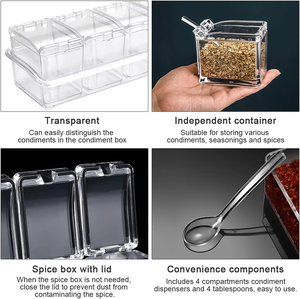 4 Stück Küche Gewürzbox Acryl Würze Box Transparent Gewürzbehälter Spice Dosen mit Löffeln und Abdec