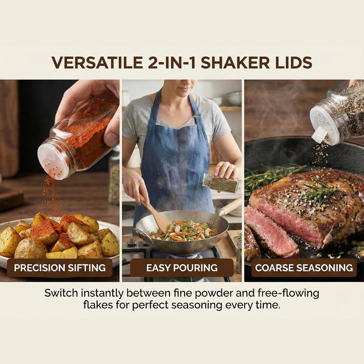 24er Set Gewürzgläser Eckig mit Streueinsatz, 120ml Gewürzgläser Leer aus Glas, Inkl. Etiketten, Tri