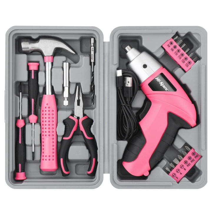 Hi-Spec kleiner Werkzeugkoffer gefüllt für Frauen mit Hammer, Zange, Bit Set und Pinken Akkuschraube