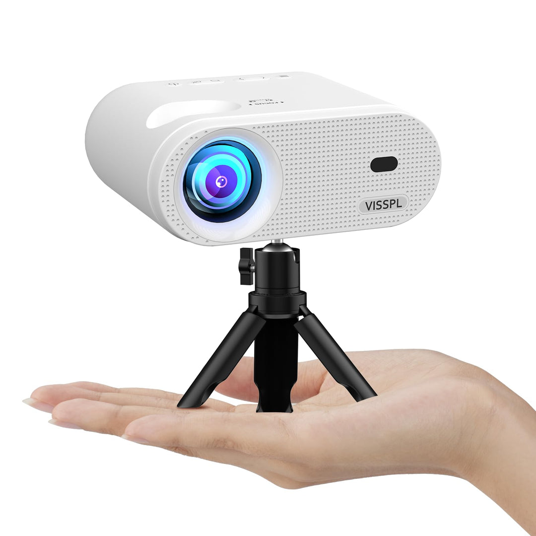 Mini Beamer mit Stativ, VISSPL 12000 Lux Beamer Klein unterstützt Full HD 1080P, 50% Zoom, ±15° Trap