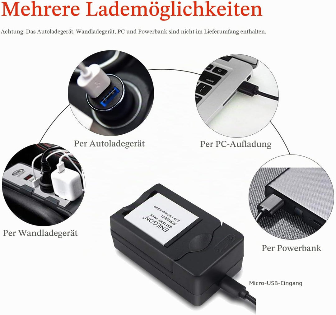ENEGON Ersatzbatterie (2 Stück) und Ladegerät für Canon NB-6L, NB-6LH, CB-2LY und Canon PowerShot SX