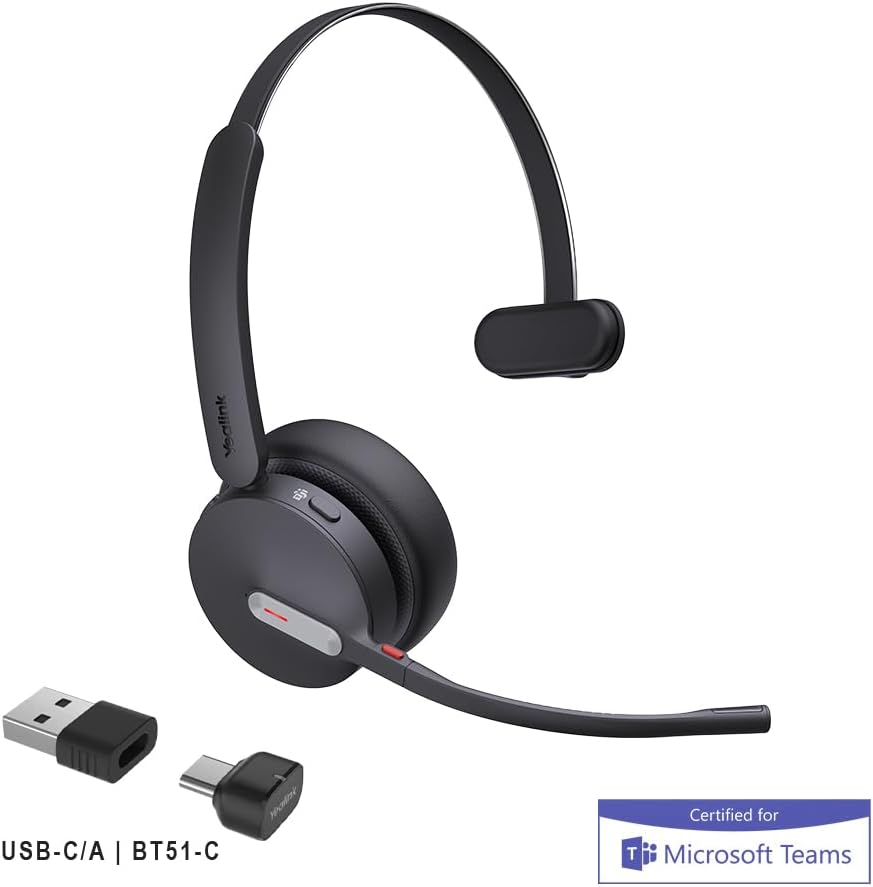 Yealink BH70 Mono Wireless Bluetooth Headset mit Ladeständer und USB-C/A für PC-Verbindung - Zertifi