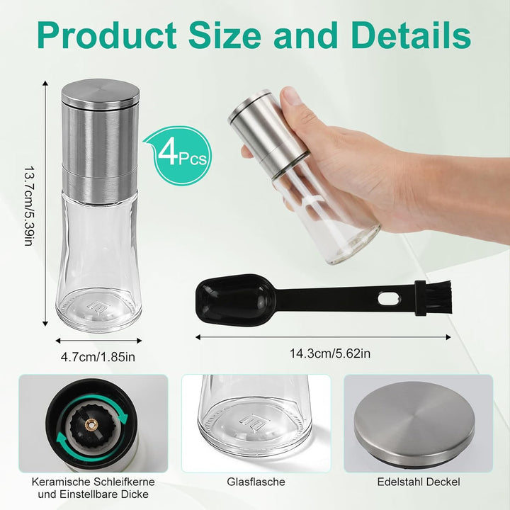 WRENYZK Salz und pfeffermühle 4er Set, Mini Salz und Pfeffermühle Edelstahl Gewürzmühle, Verstellbar