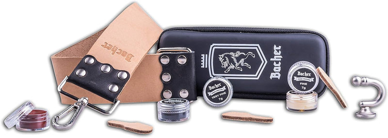 BACHER Premium Leder Streichriemen zum Schärfen von Rasiermesser Set mit Polierpaste für Abziehrieme