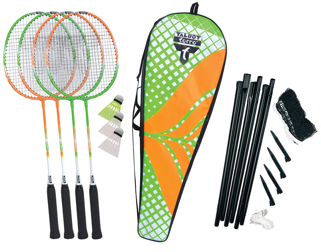 Talbot-Torro Badminton-Set 4-Attacker Plus, Kolmplettset mit 4 Schläger, 3 Federbälle, komplette Net