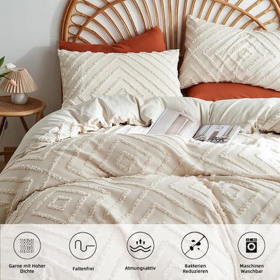 Freyamy Böhmen Bettwäsche 200x220cm 3teilig Beige Getuftet Kariert Boho Bettwäsche Stickerei Shabby