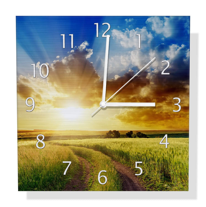 Wallario Design Wanduhr Feldweg in den Sonnenuntergang aus Aluverbund, Alu-Uhr Grösse 30 x 30 cm, we