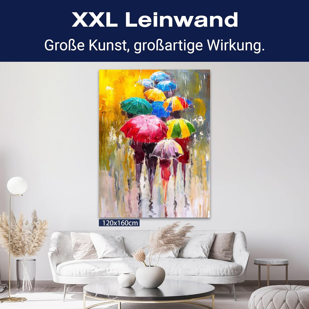wandmotiv24 Leinwandbild Malerei, 80x60cm, Hochformat, Regenschirme, Menschen, Deko, Bilder auf Lein