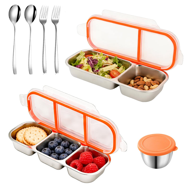 2 Stück Edelstahl Snackbox mit Fächern, wiederverwendbarer Snackbehälter mit luftdichtem Decke, ausl
