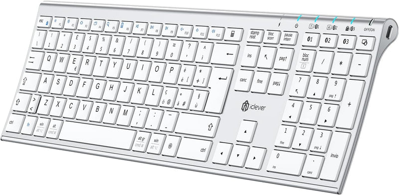 iClever BK23Bluetooth Tastatur, Kabellos Tastatur mit 3 Bluetooth Kanälen, Stabile Verbindung, Ultra