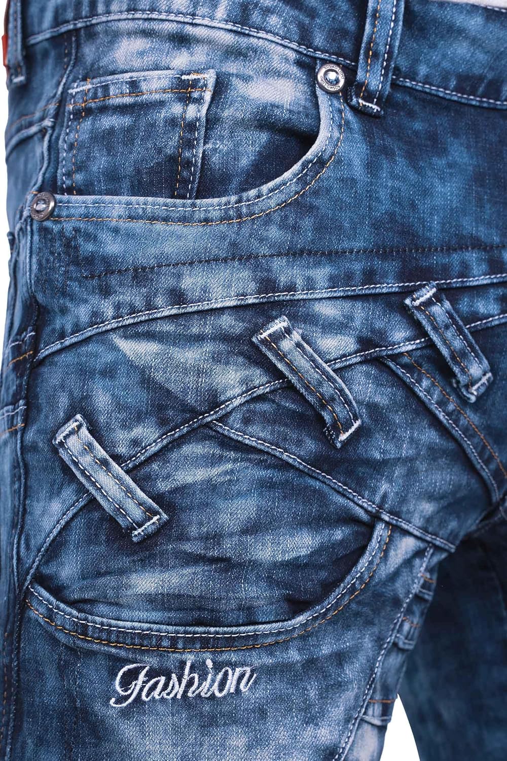 Herren Jeans Regular Fit 5-Pocket mit Knopfleiste | Kontrastnaht in Weiss und Orange, Mehrfach-Zippe