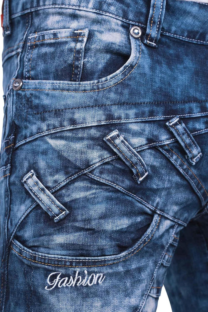 Herren Jeans Regular Fit 5-Pocket mit Knopfleiste | Kontrastnaht in Weiss und Orange, Mehrfach-Zippe
