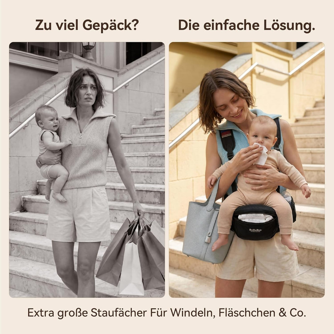 Babytrage mit Hüftsitz – Stufenloser Hüftgurt Drehmechanismus für festen Halt, verbessertes Y-Design