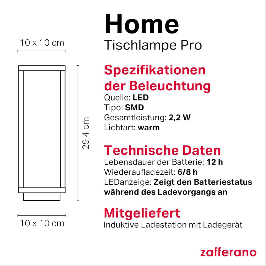 Zafferano Home Pro Kabellose Wiederaufladbare LED-Tischlampe - Dimmbare Touch-Laterne für Innen und
