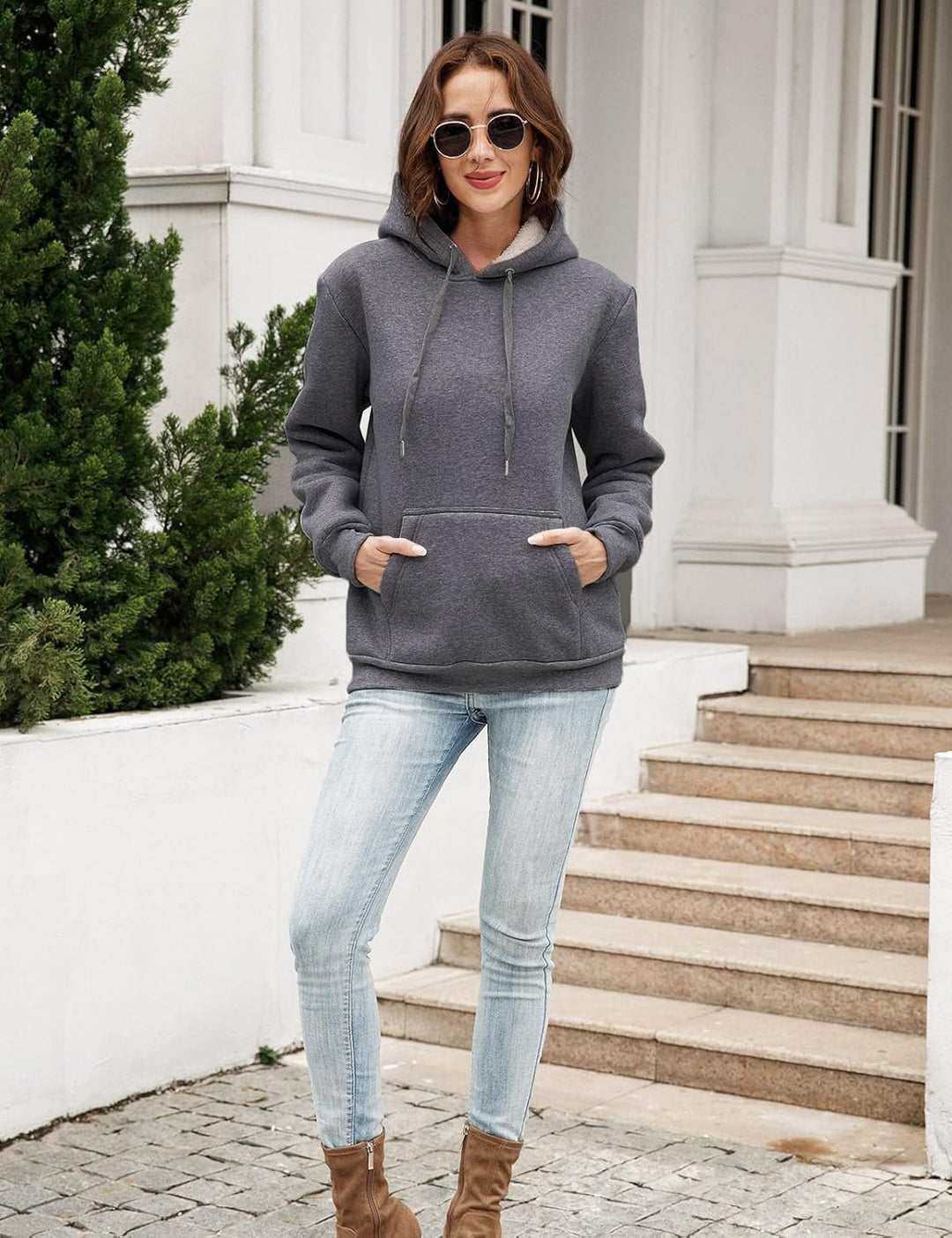 TOMEEK Damen Winter Warmes Sweatshirt Fleece Sherpa Gefütterter Pullover mit Kapuze Lässiger Sportli