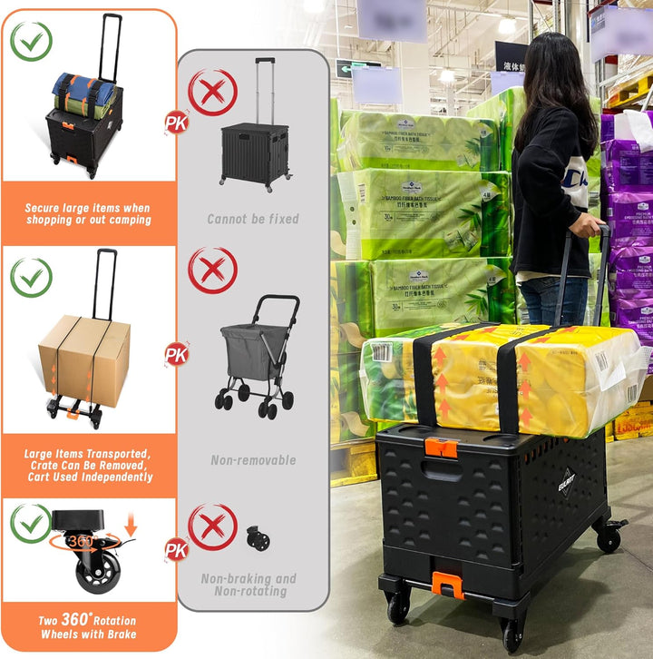 EULANT 2 in1 Faltbare Handwagen mit 60L Faltbox &amp; Deckel, Transportkiste mit Rollen &amp; Bremse, Utilit