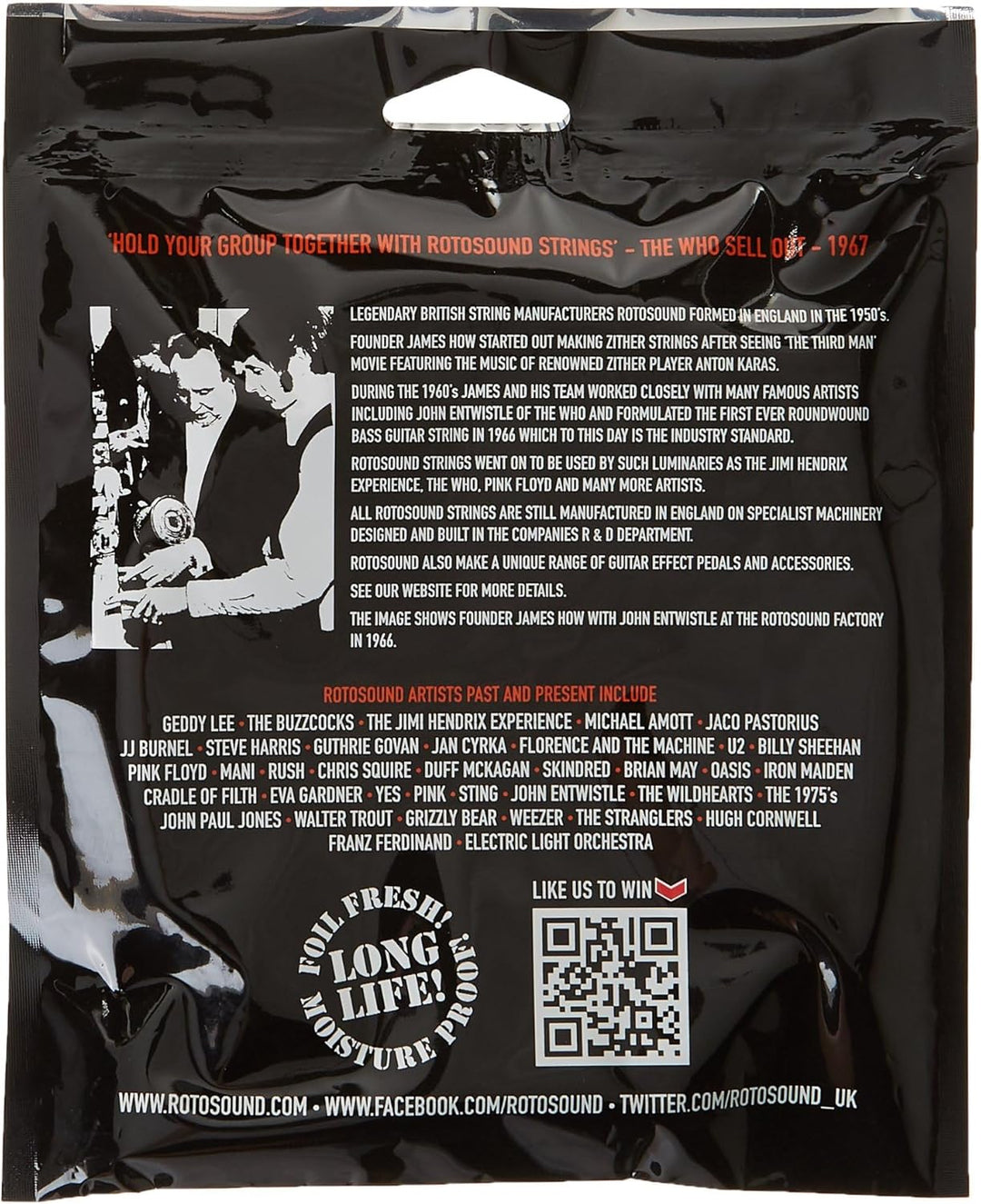 Rotosound Saiten für Jazz-Bass (Flachdraht, extra lange Mensur, Standardstärke 45 65 85 105)