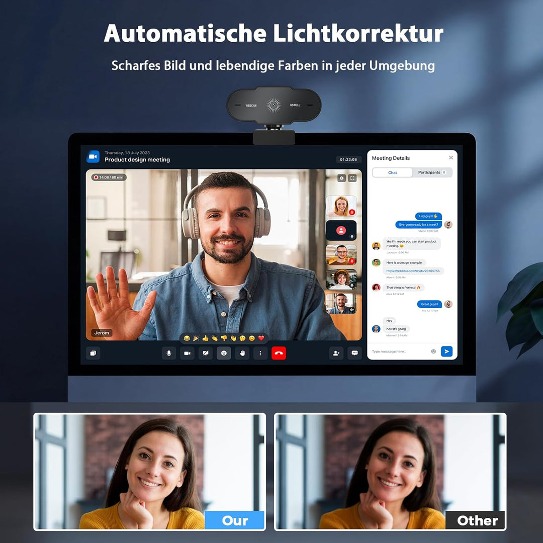 Webcam 1080P 30FPS - Full HD PC Kamera mit USB A Klares Stereo-Audio, Automatische Lichtkorrektur US