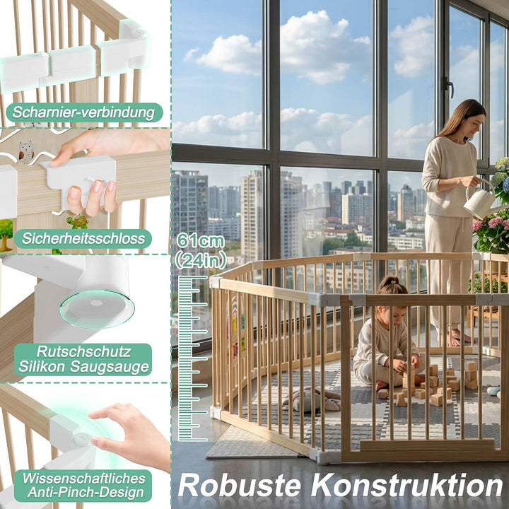 FIVMEN Laufstall Baby Faltbar 143.5 x 143.5 x 61cm inkl. Tür Matte Stabile Holz Laufgitter Anpassbar