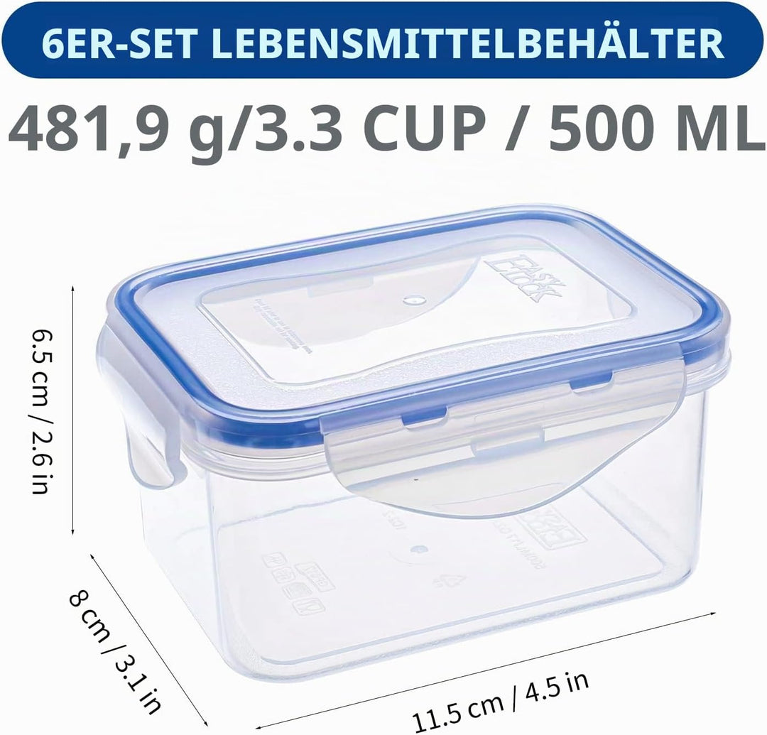 EASYLOCK 6er-Set 500ML Kunststoff Frischhaltedosen Mit Deckel Klein, Meal Prep Boxen, Rechteckig Auf
