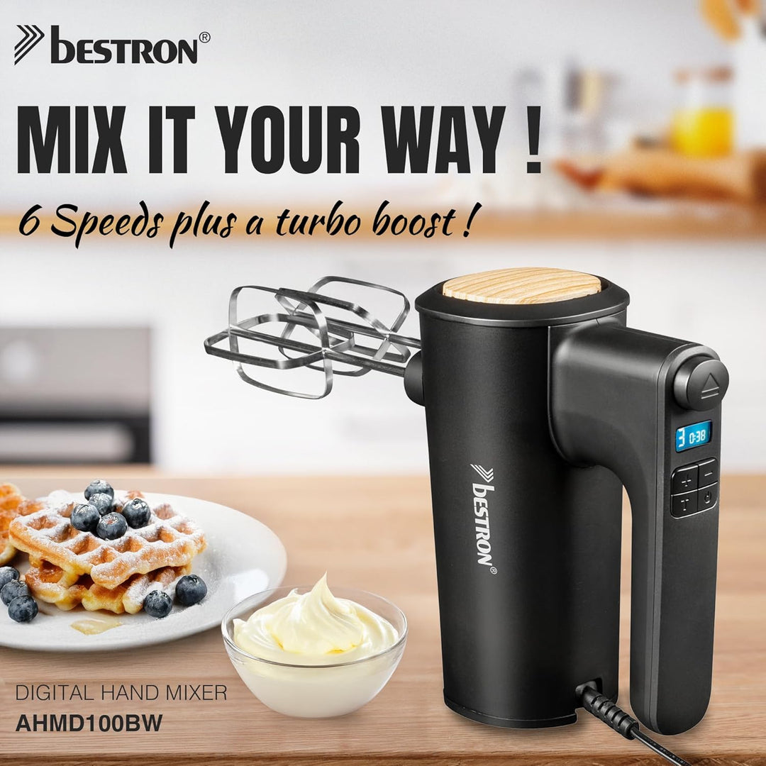 Bestron Power Handmixer, Leistungsstarker Handmixer mit 6 Stufen, Turbo-Funktion & LCD-Display, Rühr