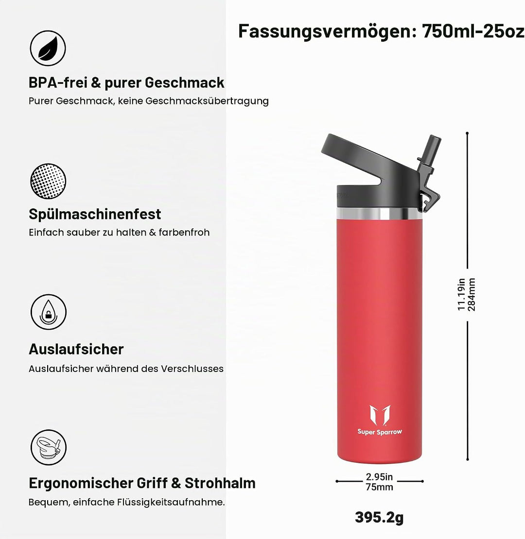 Super Sparrow Trinkflasche Edelstahl 750ml - Breite Öffnung SwivelSip Thermosflasche - BPA-Frei Ther
