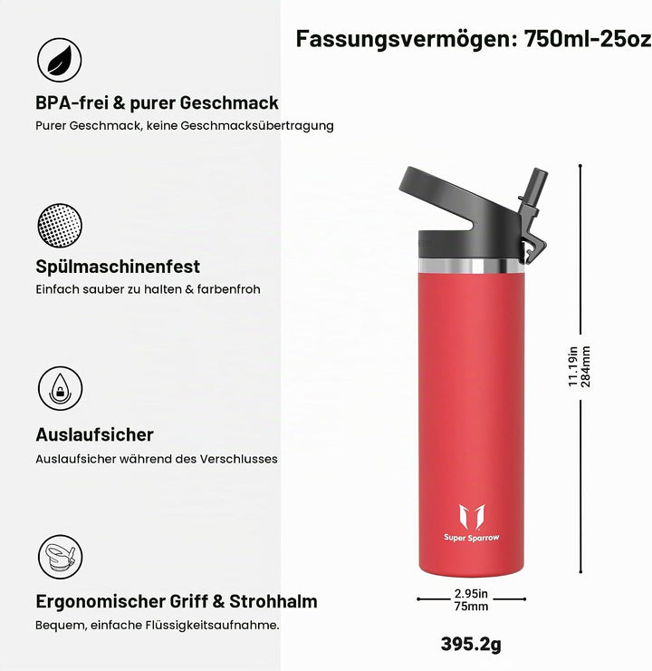 Super Sparrow Trinkflasche Edelstahl 750ml - Breite Öffnung SwivelSip Thermosflasche - BPA-Frei Ther